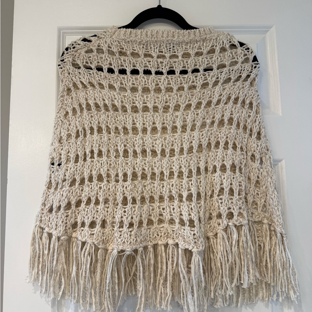 360 Sweater Cream Open-Knit Fringe Poncho